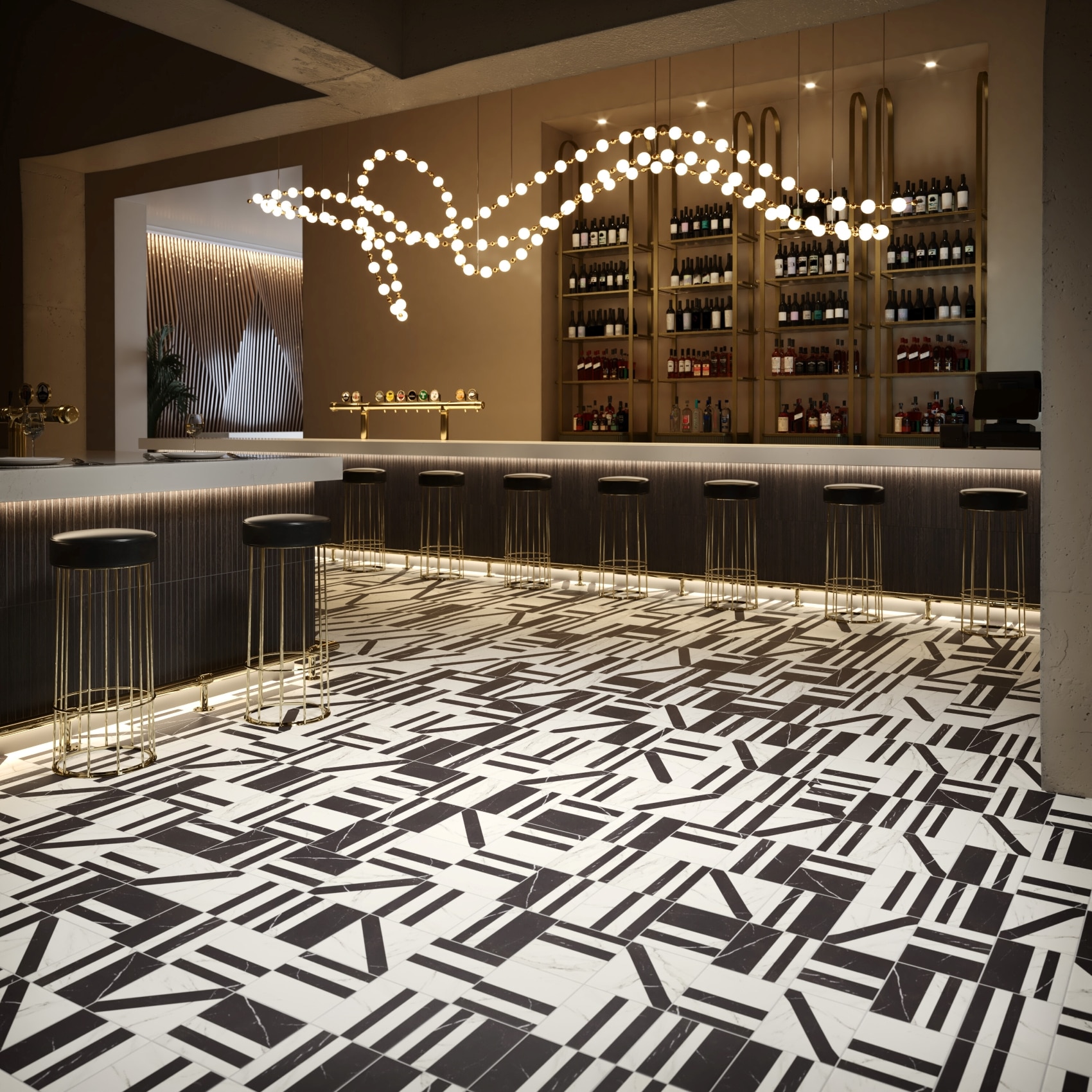 Upscale bar with a pearl-like string of lights over the bar area and a black and white patterned floor.