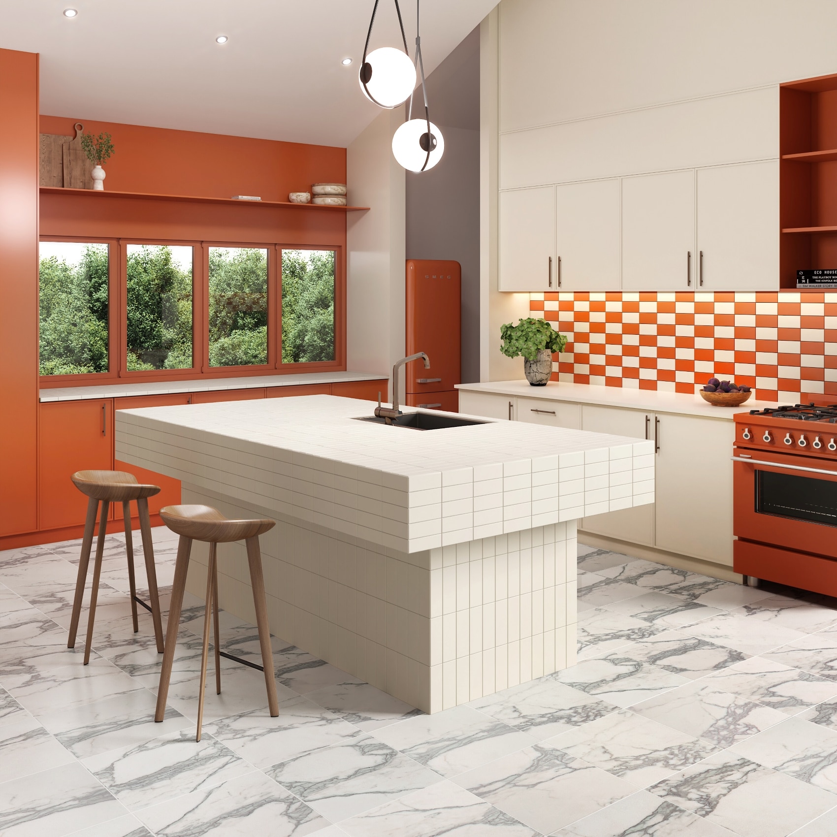 Open concept kitchen with tiled countertop and white and orange checked backsplash.