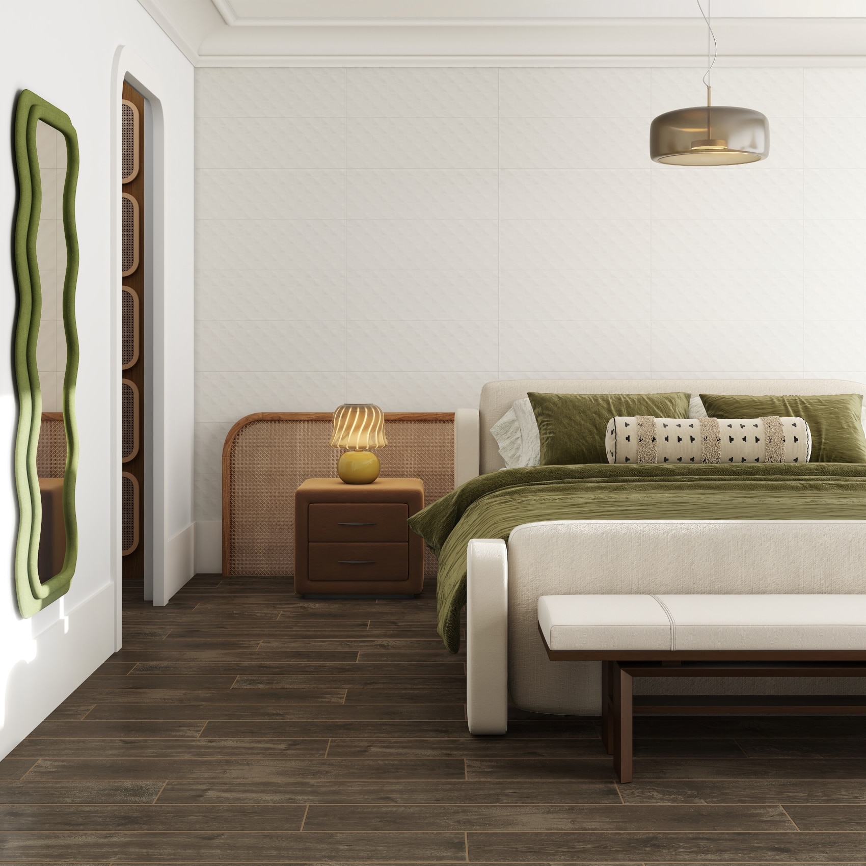 Modern bedroom with white boucle bedframe, green bedding and a wood look floor.