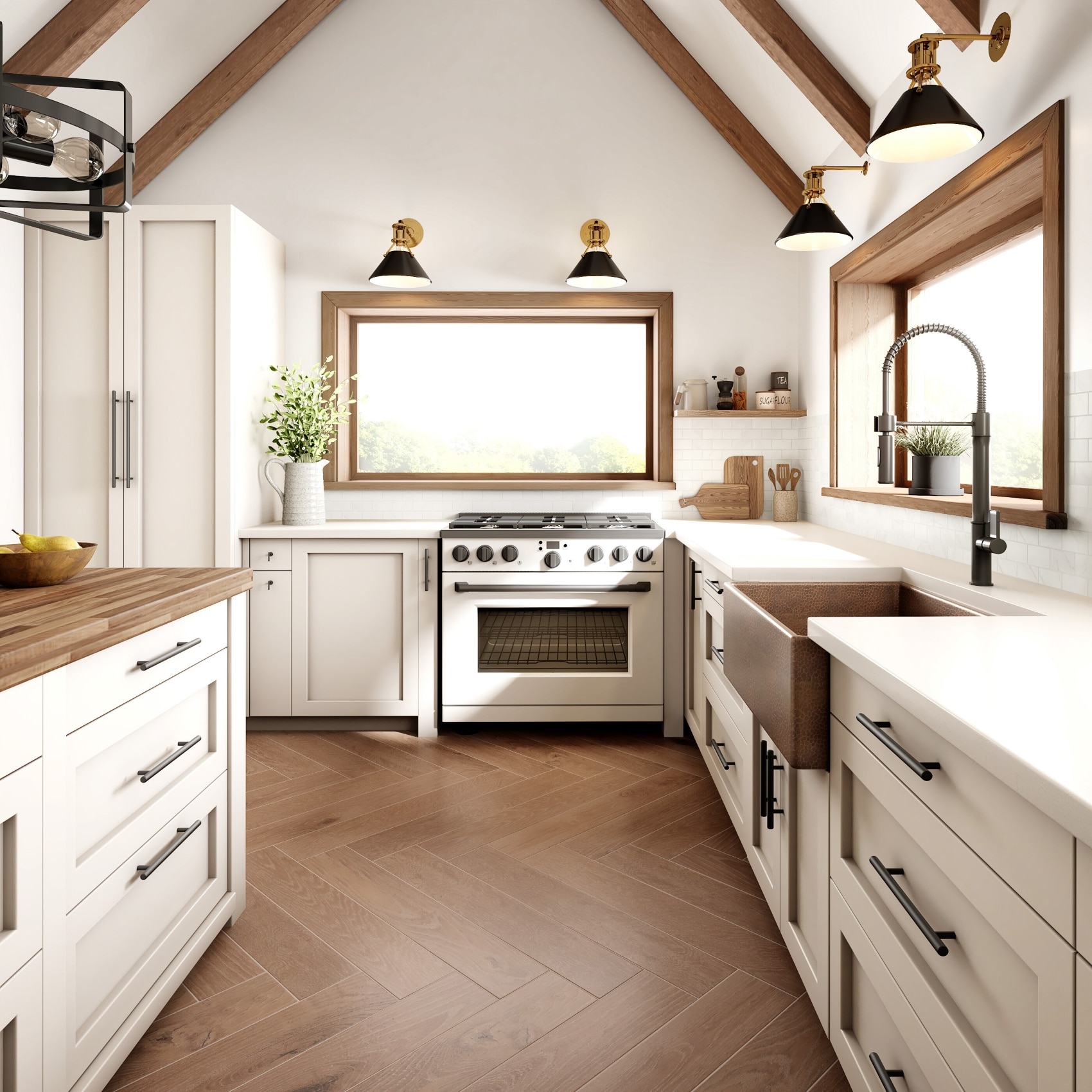 Bright kitchen with wood beams, copper accents and a butcher block countertop.