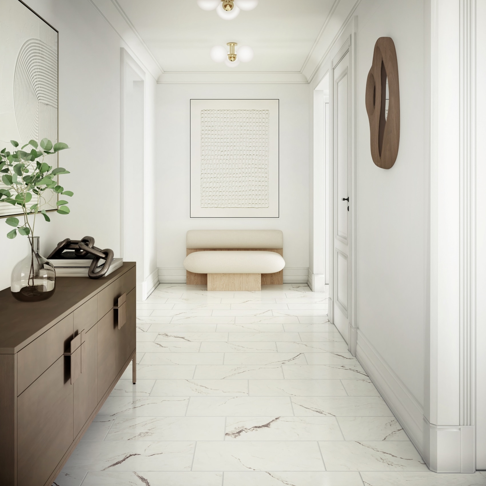Residential home hallway with marble flooring and a bench seat at the end.