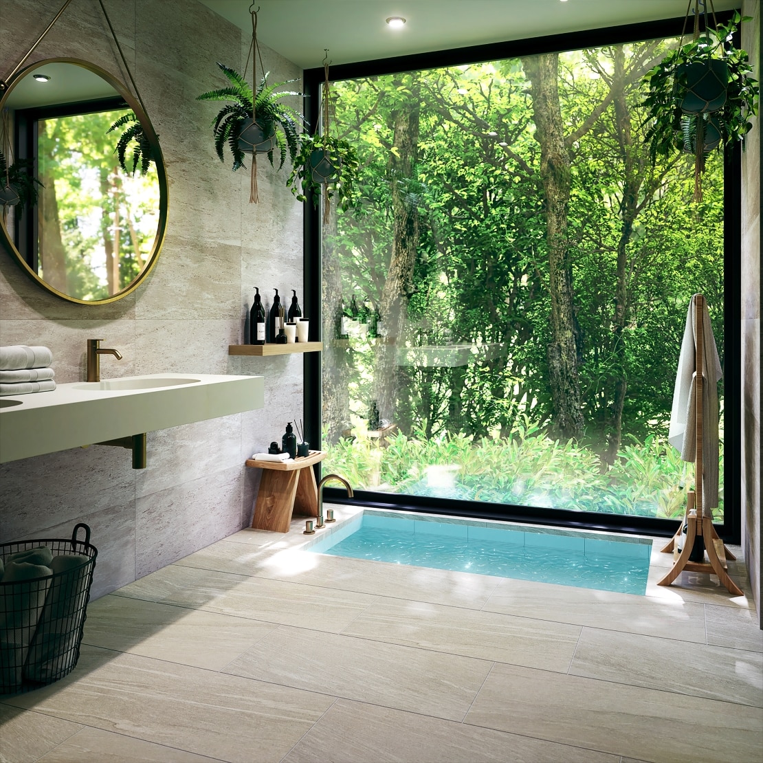 Bathroom with sunken bathtub overlooking a forest.