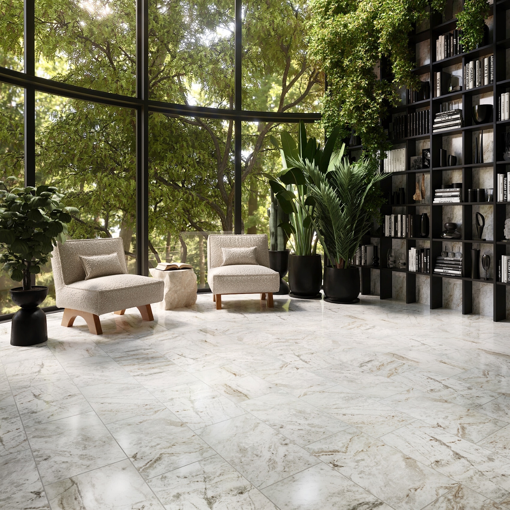 Library with plants inside and greenery outside and a marble floor next to the bookcase.
