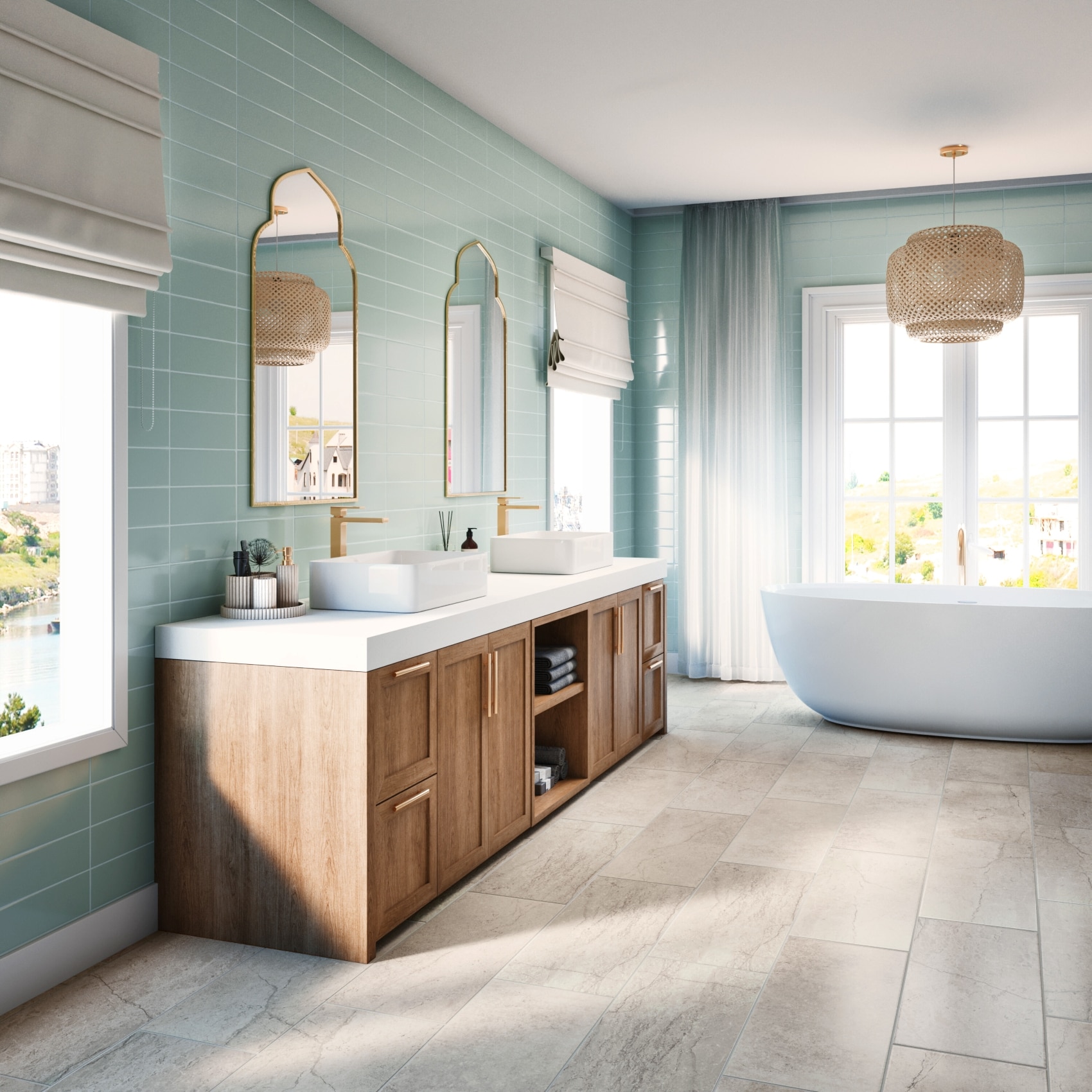 Large bathroom with a free standing tub and light blue tiled walls.