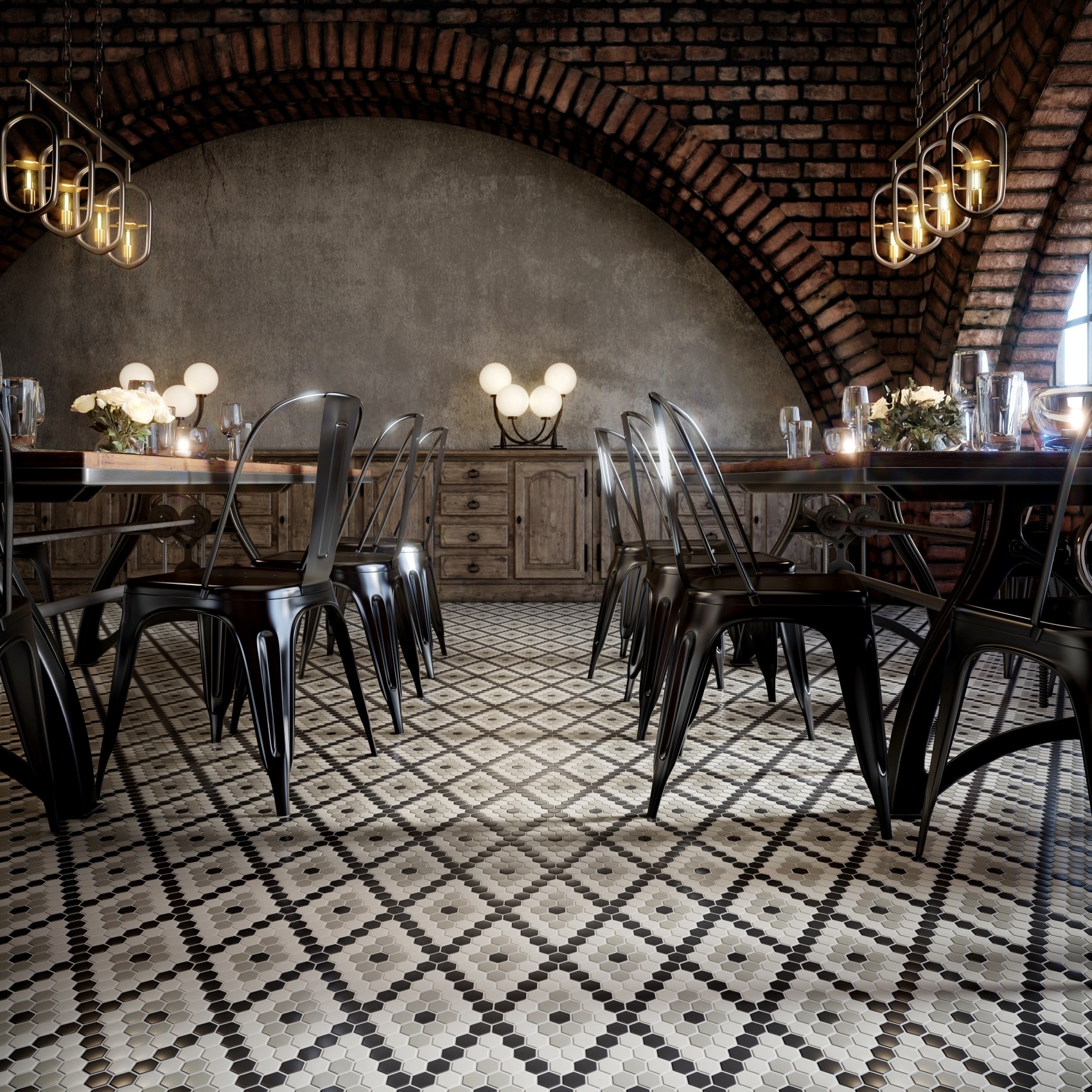 Restaurant dining room with brick arched walls, metal chairs and mosaic patterned floor.