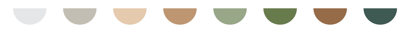 Biophilic Essence color palette with greens, browns and whites.
