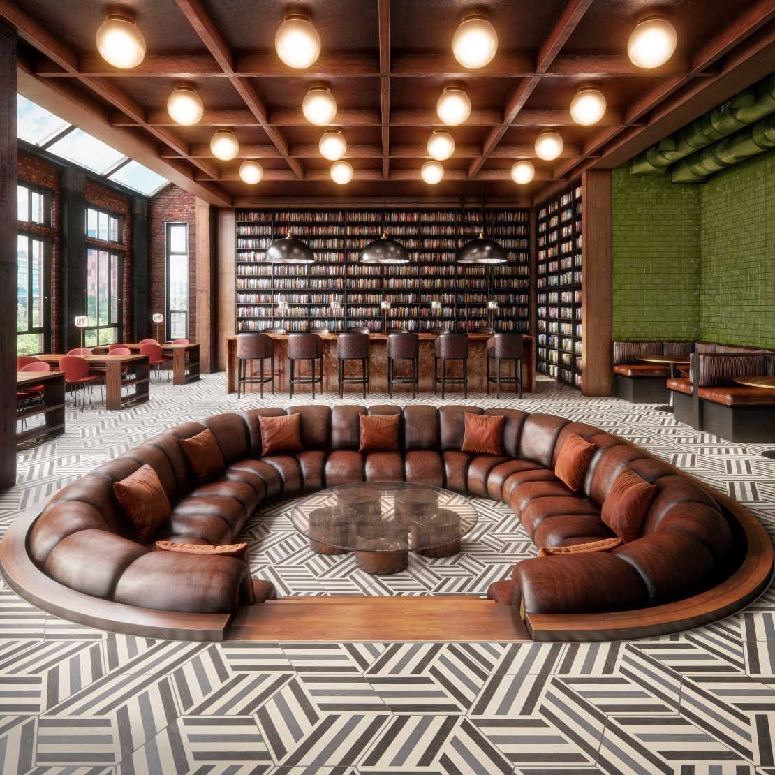 Mid century modern library with sunken leather seating area.