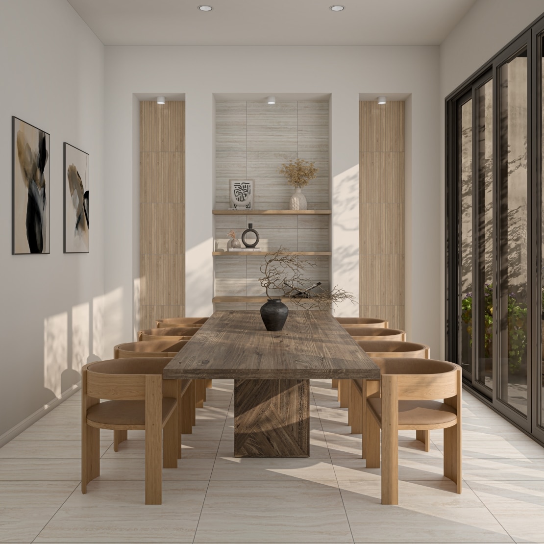 High end dining room with wood accents throughout.
