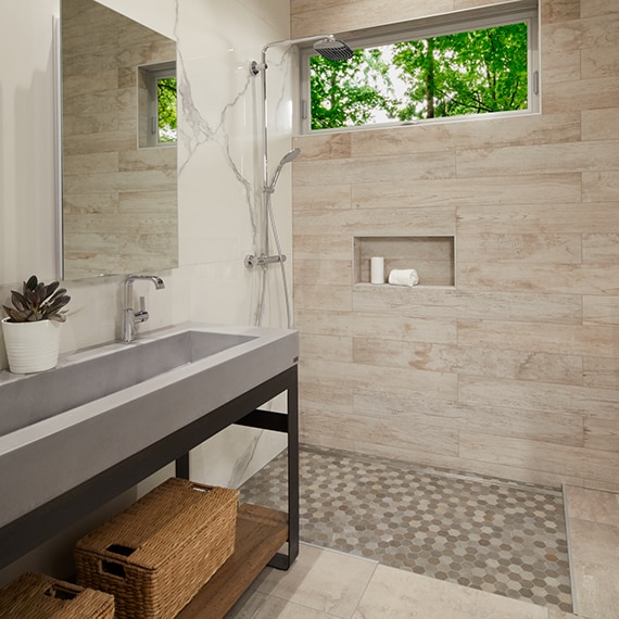 wood plank tile bathroom design