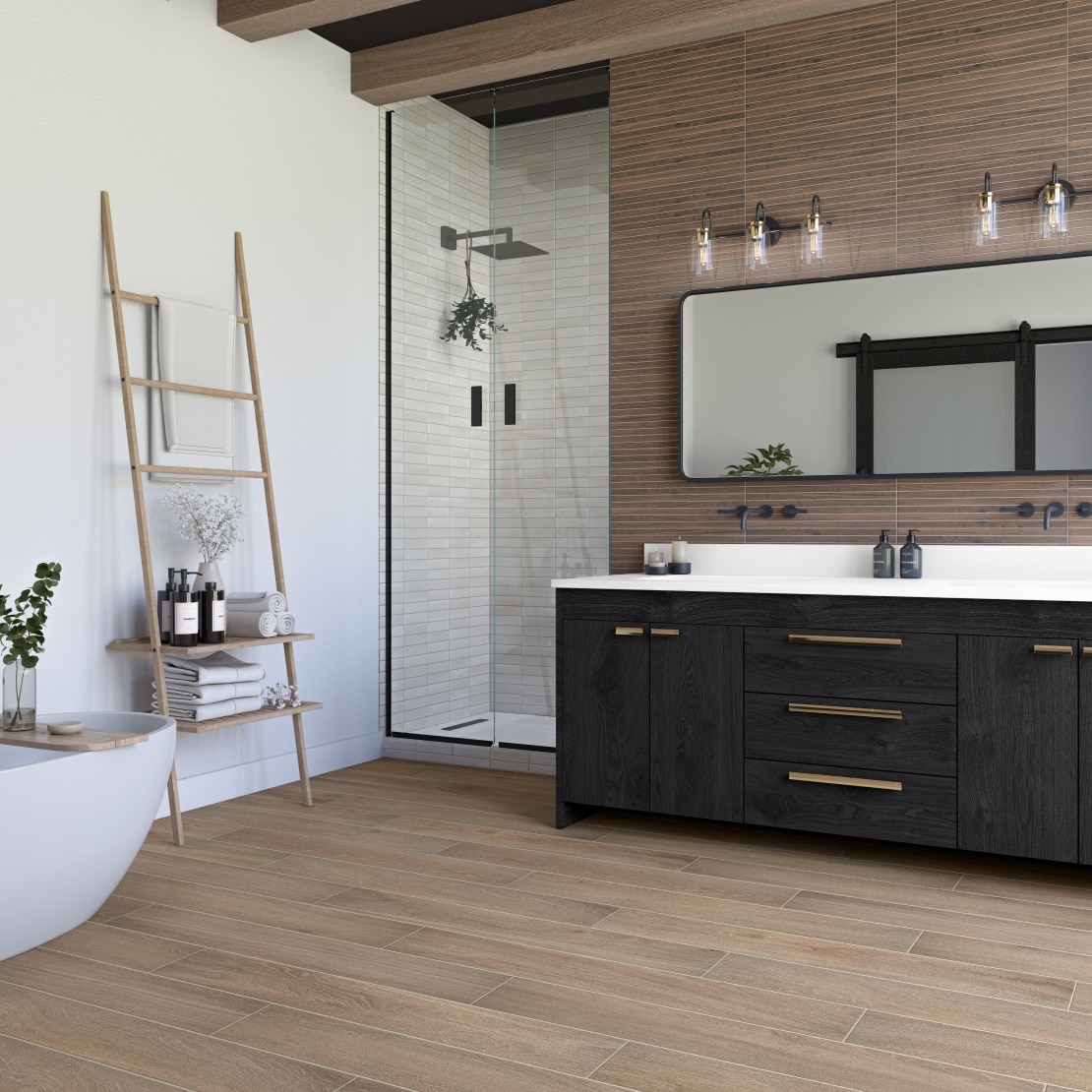 Large bathroom with wooden accents and a walk-in shower.