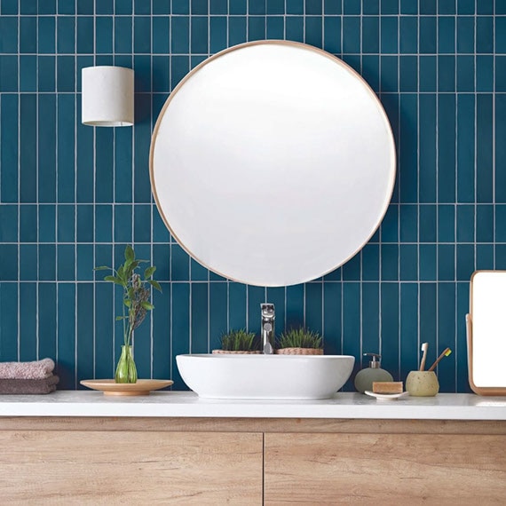 Bathroom vanity with vessel sink, round mirror on blue tile backsplash laid in a vertical pattern, succulents in wicker baskets, soap dispenser and soap dish.