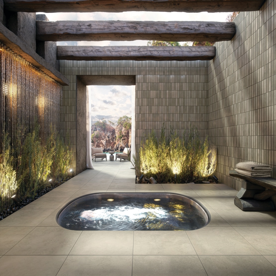 Spa with large, wooden beams and waterfall.