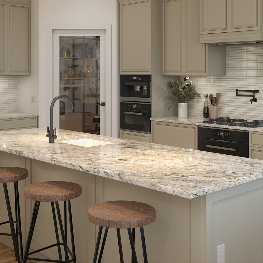 Kitchen with center island, white granite countertop, wood sitting stools, and beige cabinets.