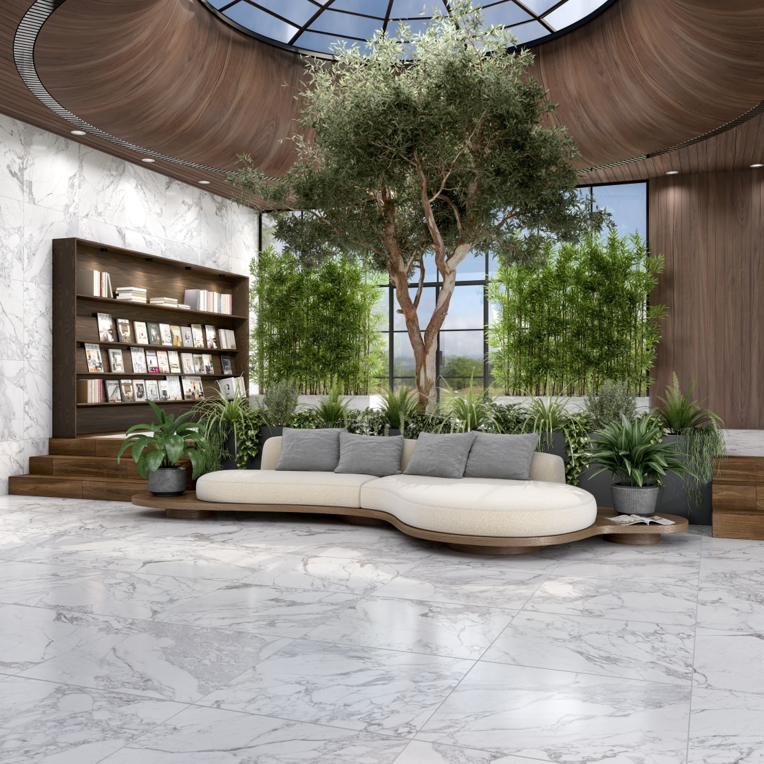 Luxurious lobby with trees and arched ceilings