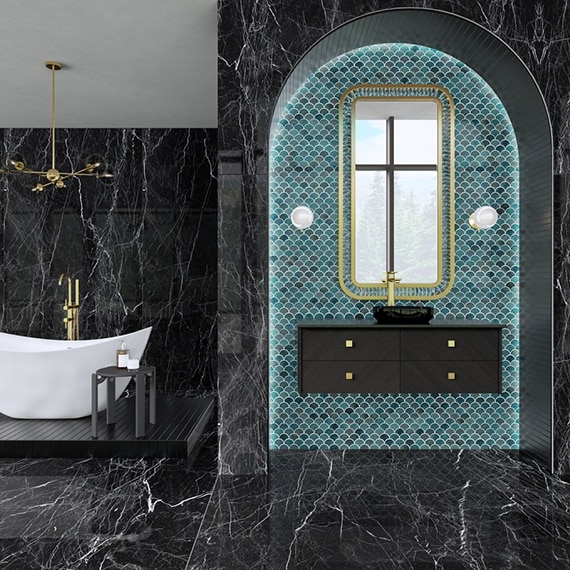 Luxury bathroom with white soaker tub, black and white, marble look, large formal porcelain floor tile and wall tile, floating vanity with teal, fan mosaic backsplash tile.