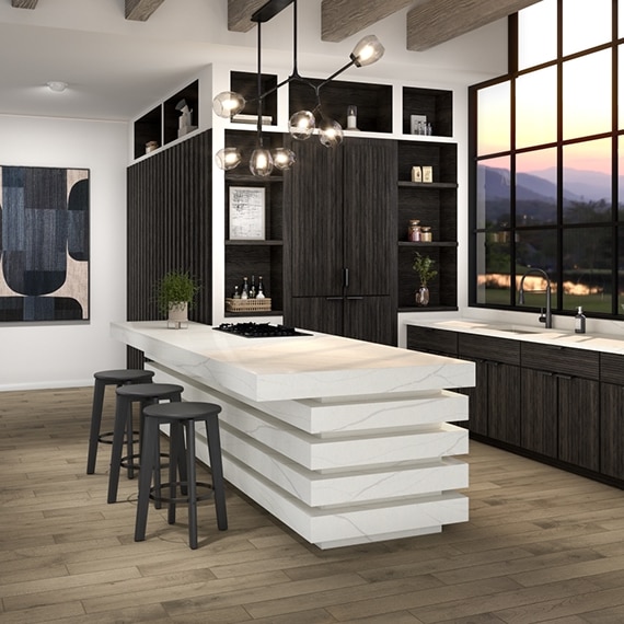 Kitchen with marble-look white quartz island with stacked slab tiers, globe pendant lighting, dark wood cabinets, and wood-look tile flooring.