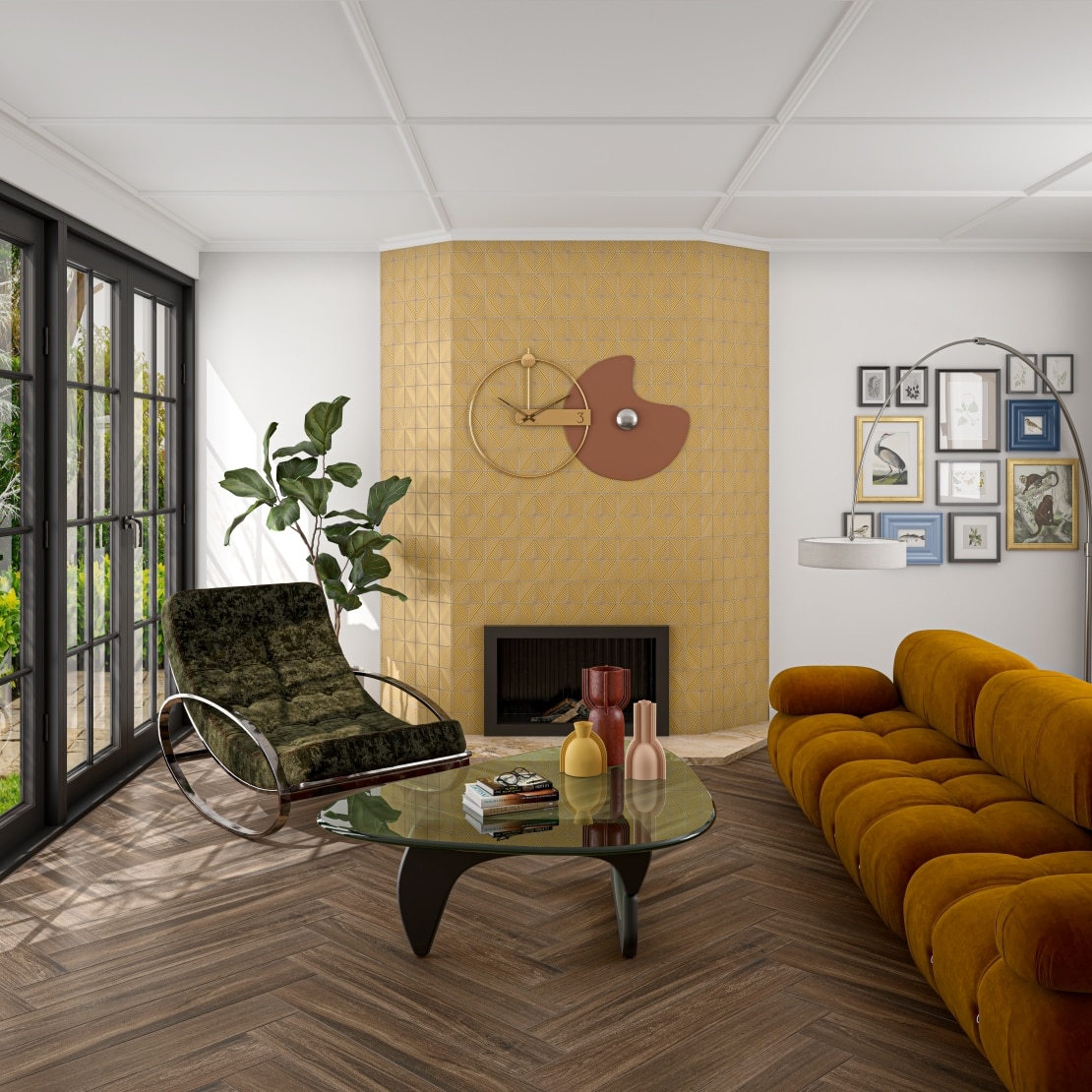 Living room with yellow fireplace and an orange couch.