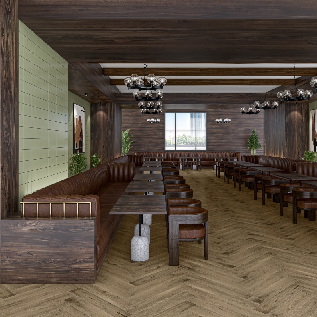 Rustic restaurant with large booth seats and herringbone wood floor.