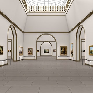Art gallery with towering ceiling, arched doorways, gray floor tile that looks like concrete, and paintings hanging on the walls protected by railings.