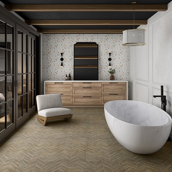 Spacious contemporary bathroom with wood look tile flooring. 