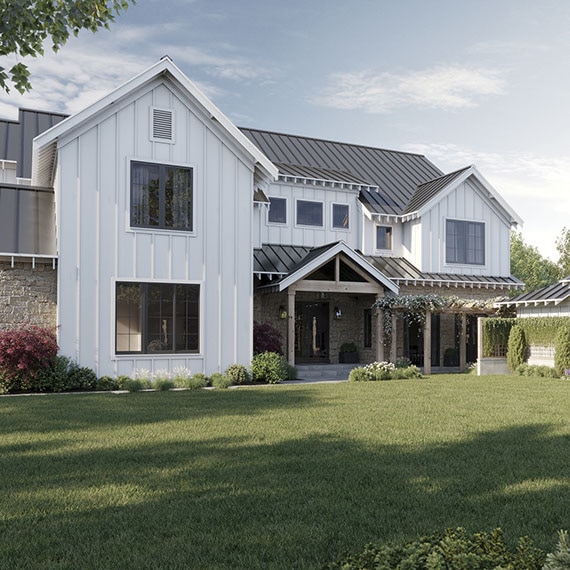 Exterior of the white modern farmhouse-style virtual house from the front.