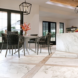 Modern farmhouse kitchen with 36x36 marble look tile and 6x48 wood look tile planks in a checkered diamond pattern, marble look porcelain waterfall island with wood cabinets.