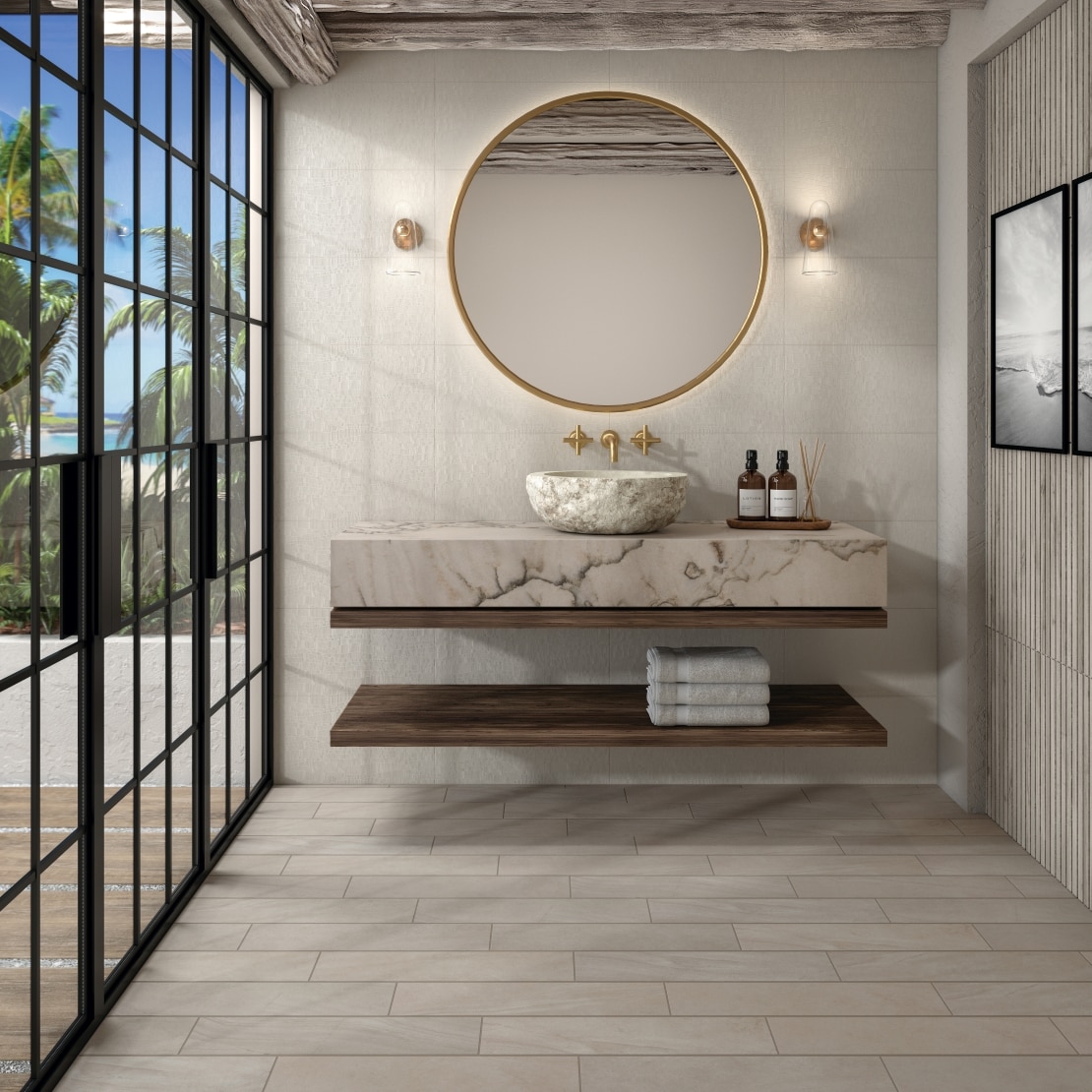 Coastal inspired bathroom with quartzite countertop.