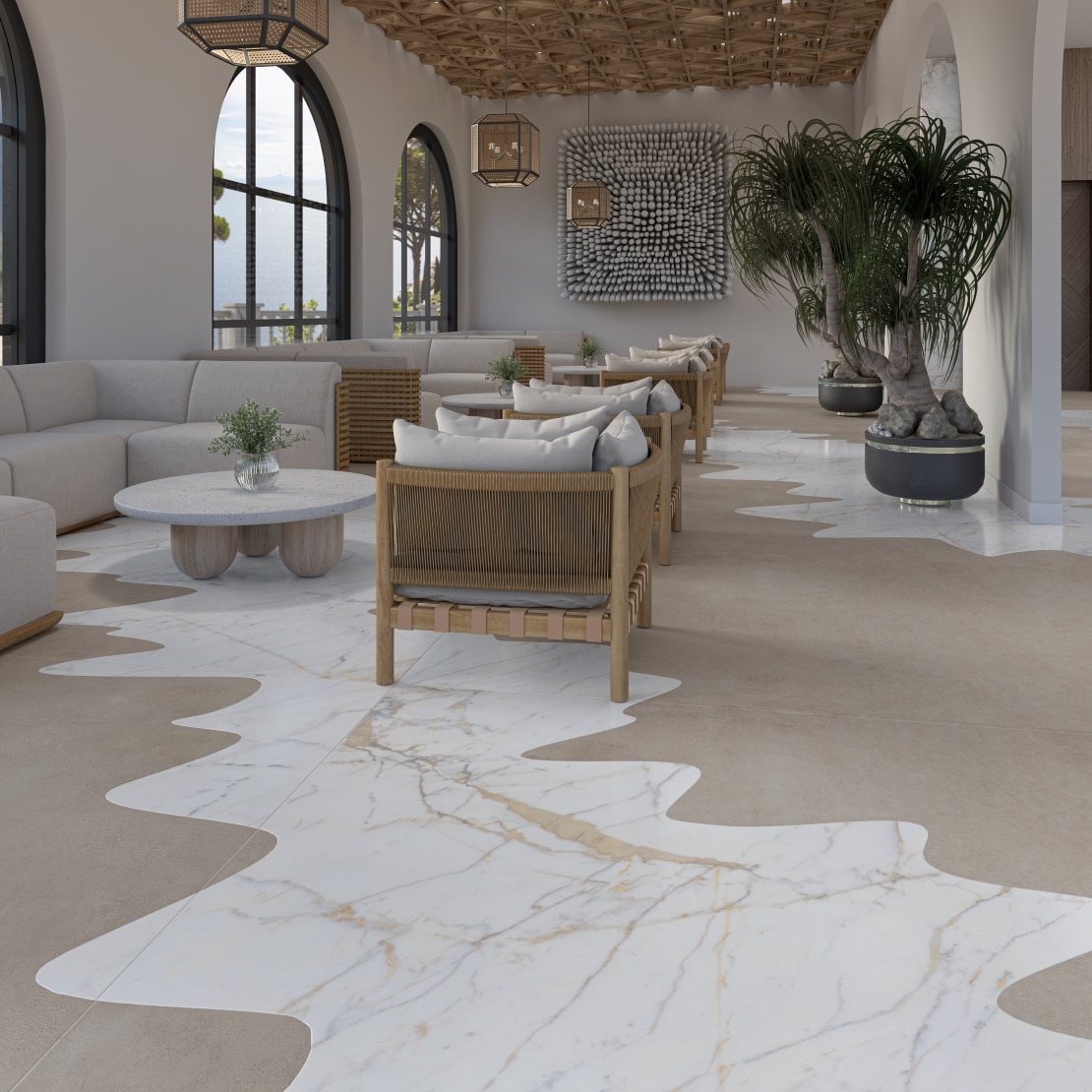 A resort inspired lounge area with a floor that mixes two different products.