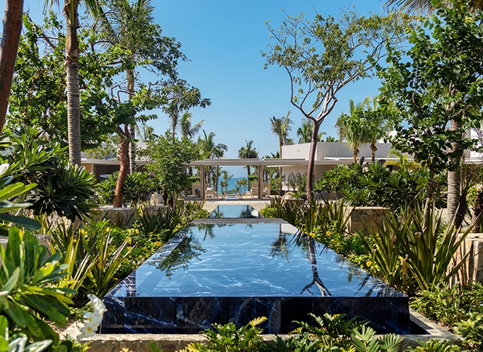 Resort with trees and foliage on the sides of a path of blue and black marble slabs leading to a building.