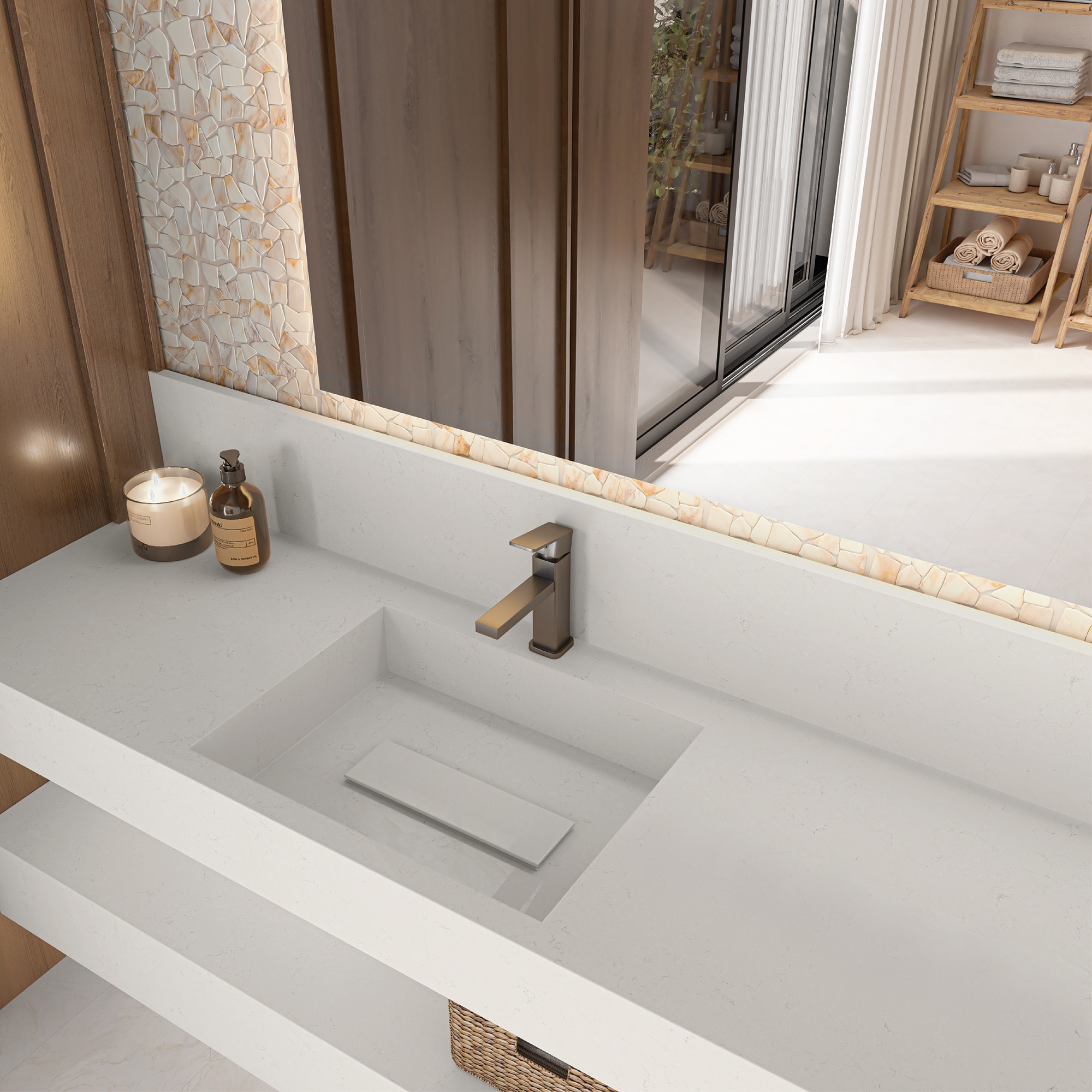 Sink with a white marble look mosaic on the walls, and a white slab countertop. on the sink