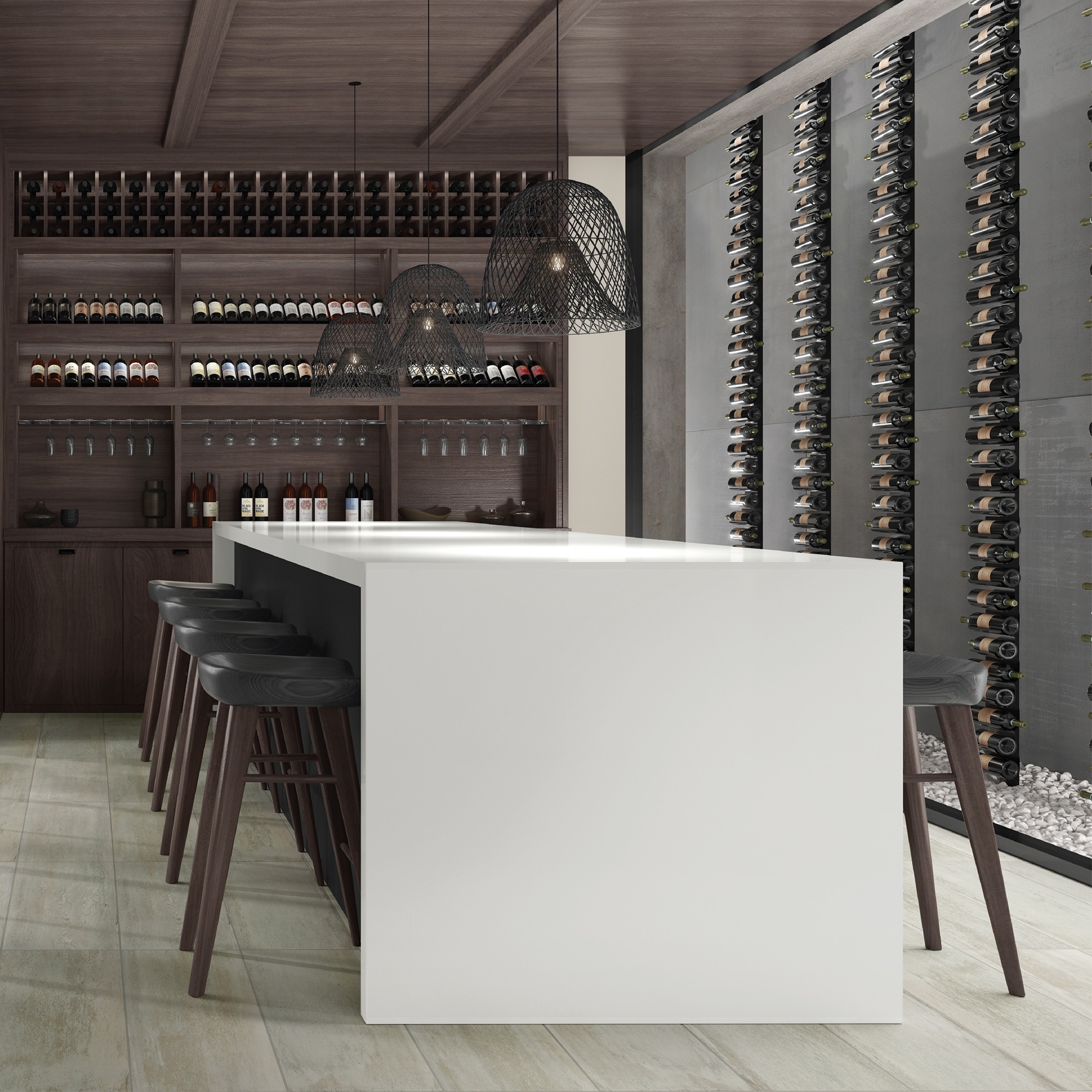 Wine bar with lightwood floors, wine on walls, bar stools, and a white slab waterfall island countertop.