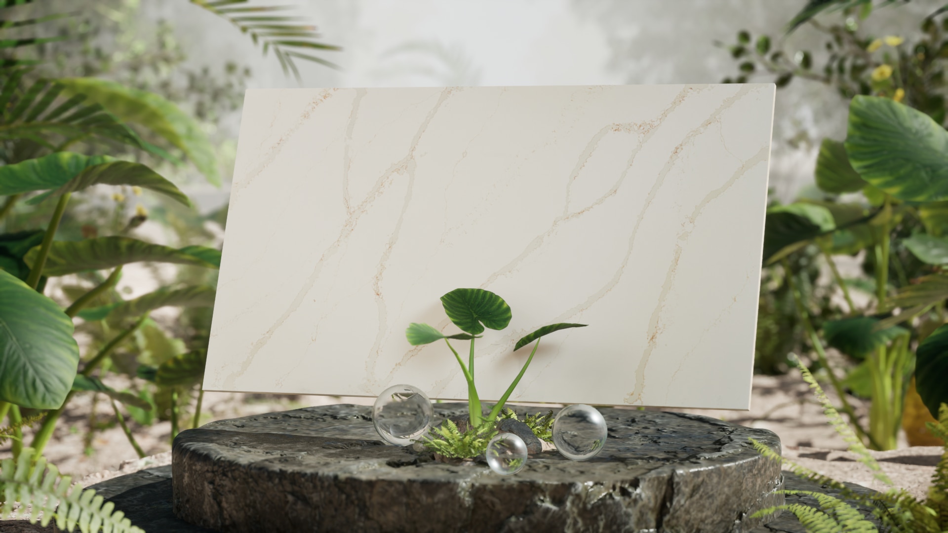 Tree stump with plant groing out of it and a white marble look tile behind it.