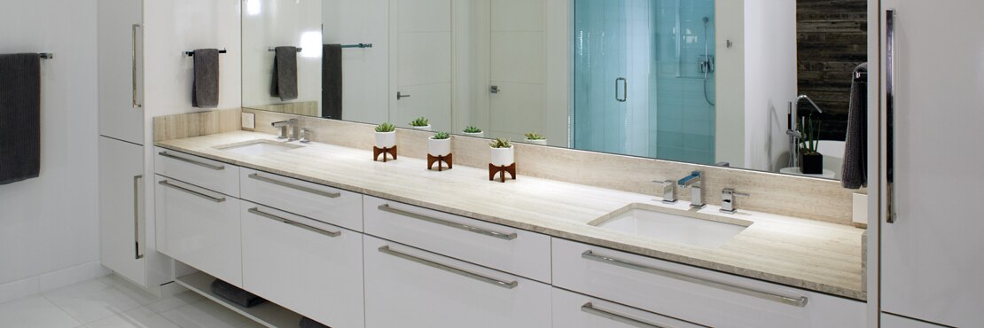 Modern bathroom design with limestone countertops and succulent in pots on the counter.