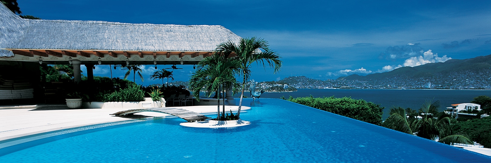 Infinity pool with white and blue tile, wood bridge to swim-up island with palm trees, patio with thatched roof, ocean view with mountains in the background.