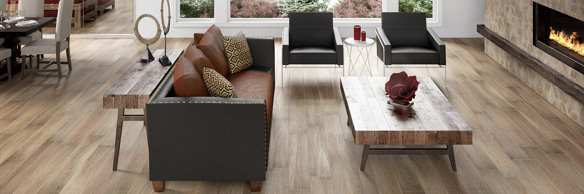 Living room with wood-look tiles for flooring, brown arm chairs in front of large picture window, and wall-mounted fireplace on wall with 3D-cube mosaic tile that looks like wood.