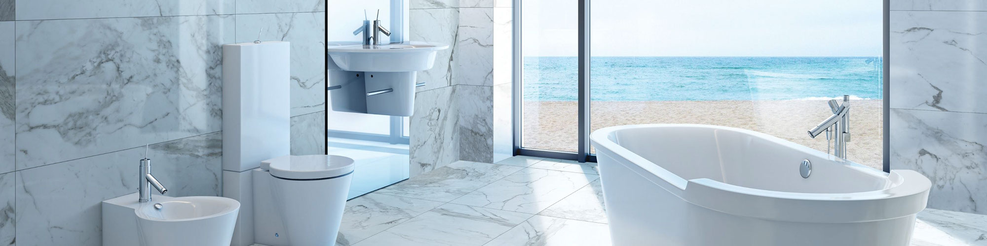 Clean-lined, open bathroom with large windows with an ocean view, soaking tub, and marble-look porcelain large-format tile on the floor and walls.