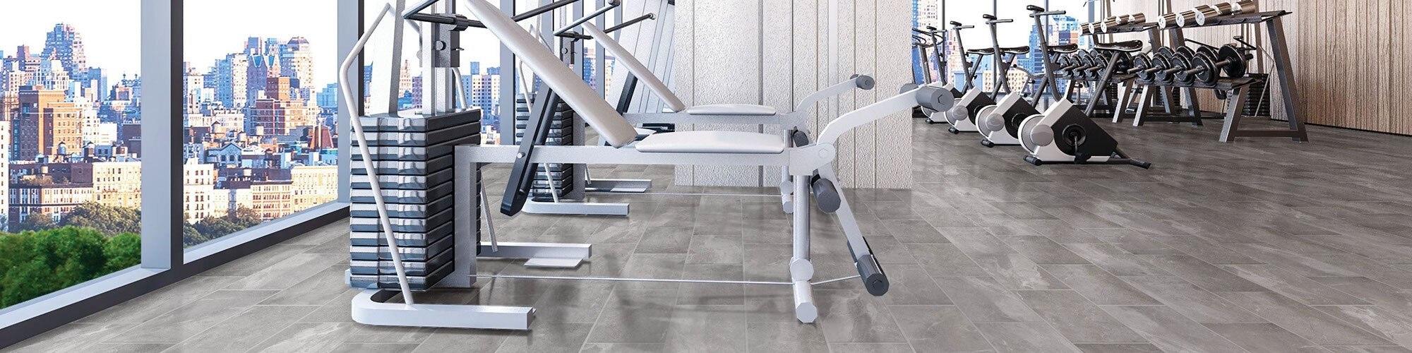 Highrise gym with weight machines, free weights on racks, 12x24 gray marble look floor tile, and windows with view of city skyline.