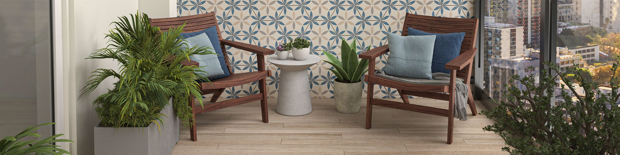 Highrise patio with wood look tile flooring, feature wall with blue & beige decorative wall tile, several potted plants, and wicker chairs around a small table.
