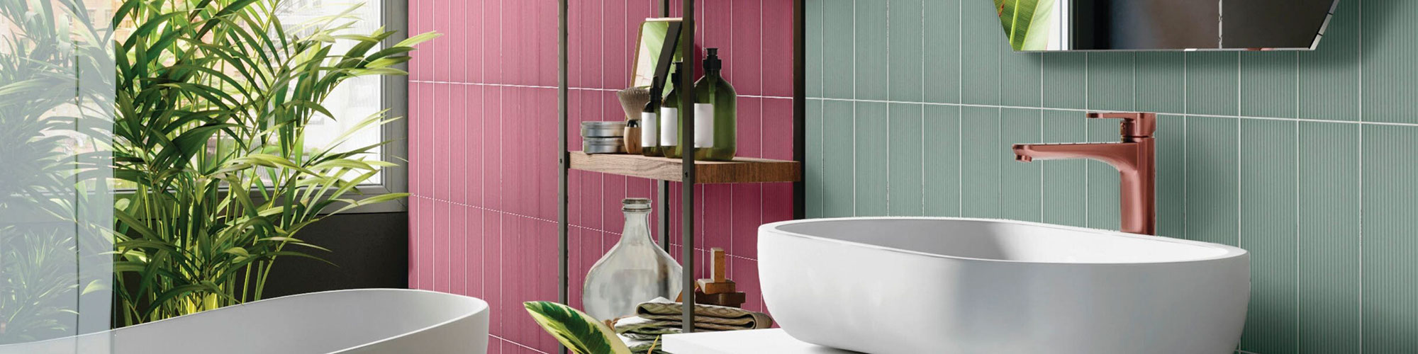 Colorful bathroom with soaker tub, light green & maroon backsplash, floating wood vanity with vessel sink.