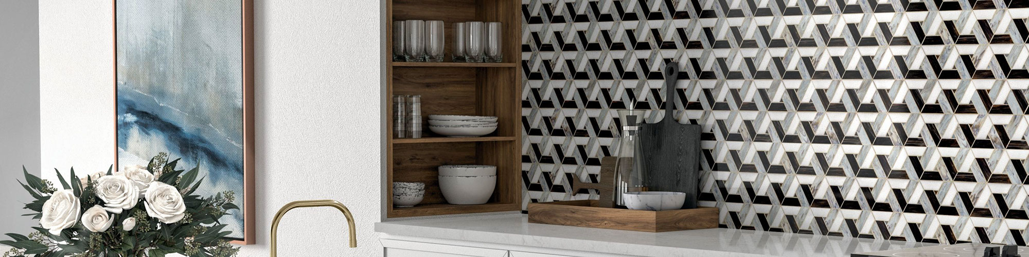 Modern kitchen with black, white, and gray glass mosaic backsplash, wood shelves, and marble look quartz countertop.