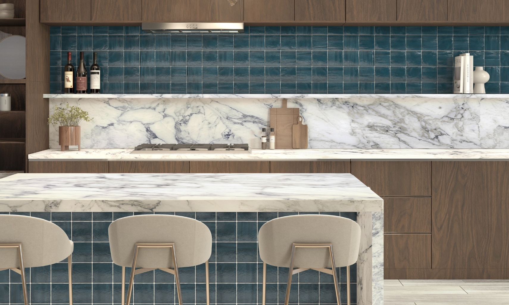 Kitchen with white and gray marble waterfall island, countertop, and half backsplash, woodgrain cabinets, glossy blue wall tile on backsplash and face of island.