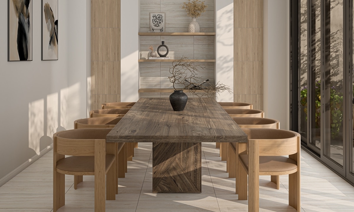High end dining room with wood accents throughout.