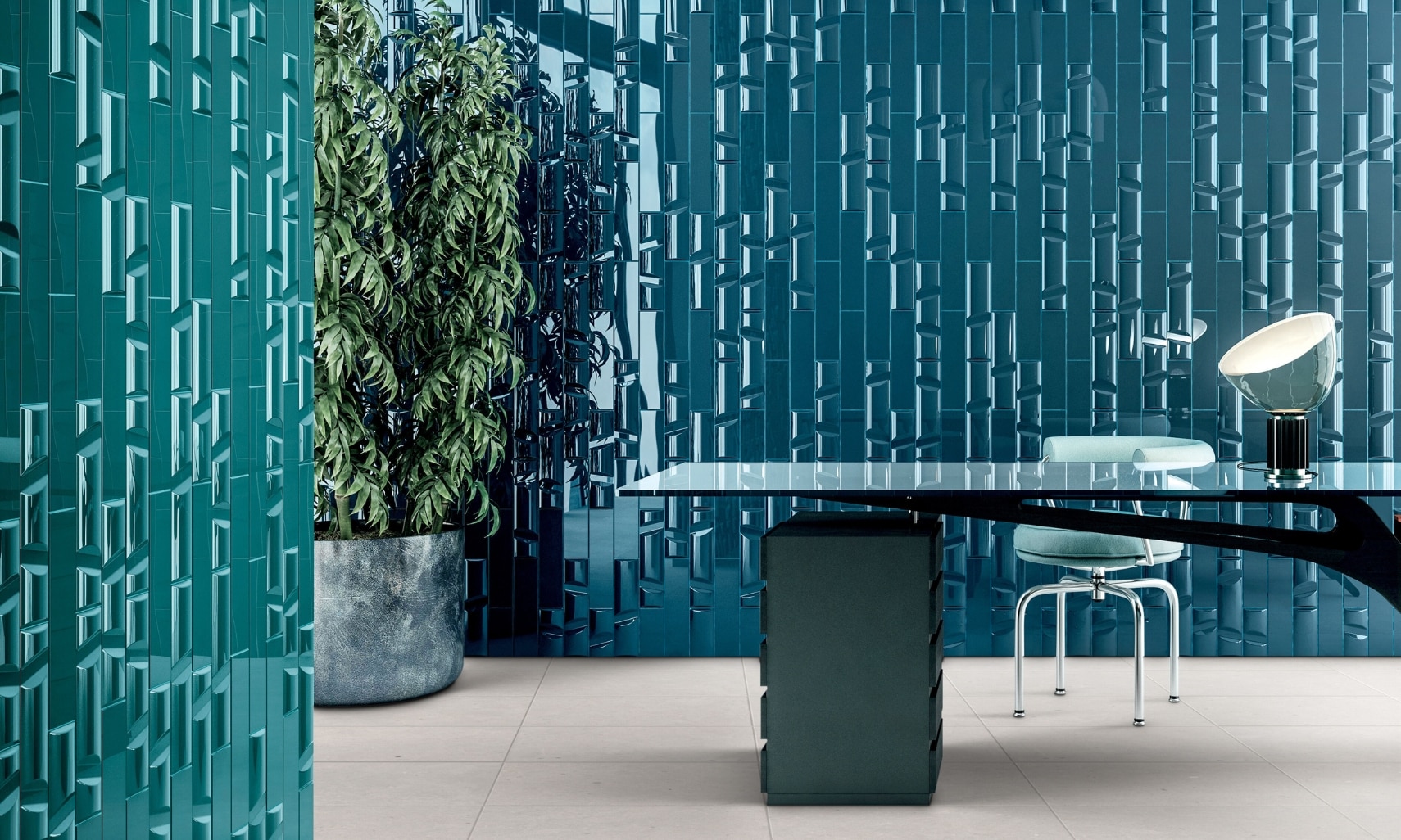 Home office with green glossy dimensional tile wall and teal glossy dimensional tile wall, glass top desk with metal base and white leather chair.