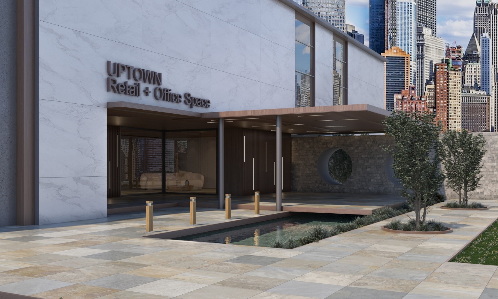 Office building entrance with coy pond, stone-look beige, gray, and cream slip-resistant pavers, wood awning, marble-look porcelain cladding, and view of city skyline.