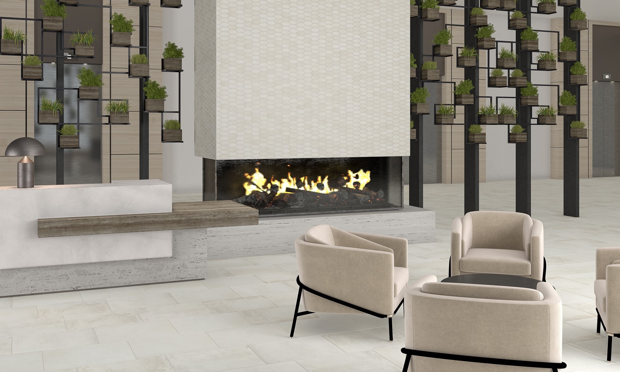 Hotel lobby with cream-colored floor tile, fireplace with cream-colored mosaic tile, iron beams with small planters, and beige suede chairs around a coffee table. 