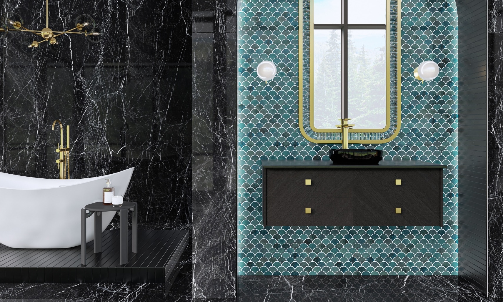 Luxury bathroom with white soaker tub, black and white, marble look, large formal porcelain floor tile and wall tile, floating vanity with teal, fan mosaic backsplash tile.