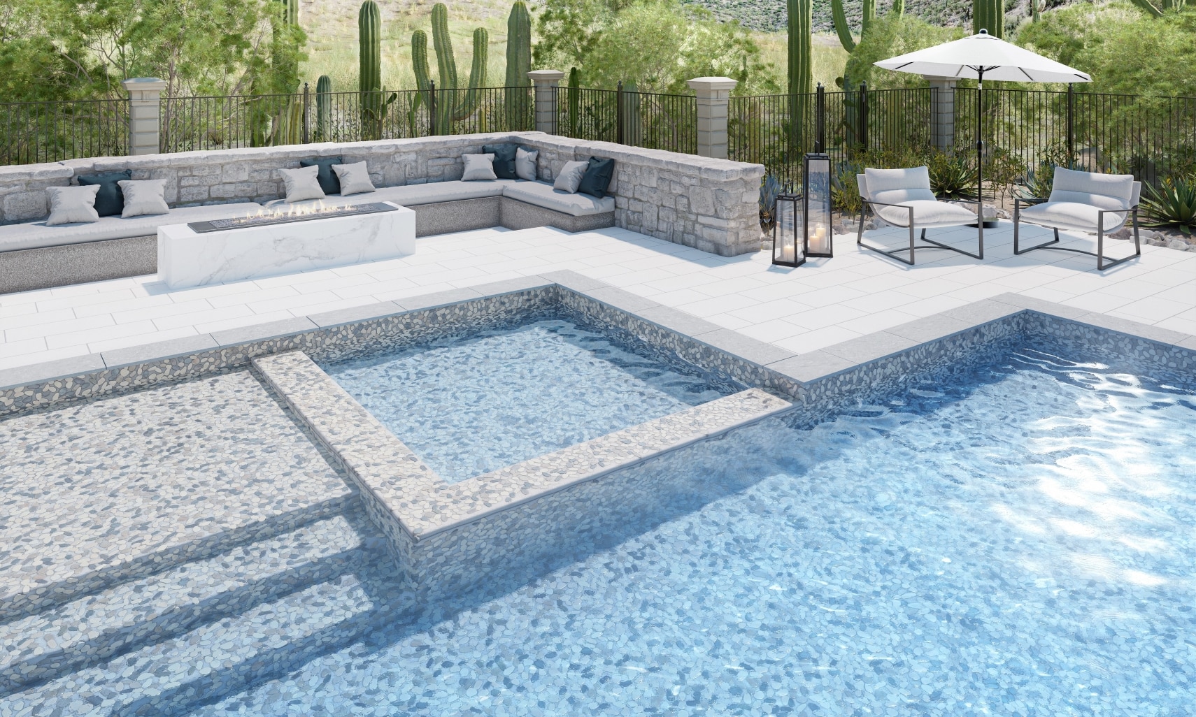 Pool and hot tub with white and gray pebble mosaic pool tile and gray tile border, pool deck with white tile, firepit with marble-look porcelain slab, and outdoor couches.