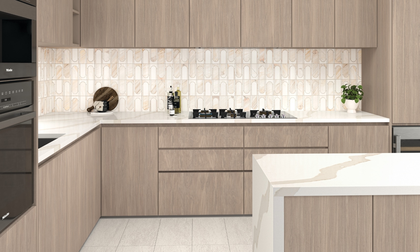 Pre-cut backsplash: Kitchen with beige mosaic backsplash, white quartz countertop with beige veining, woodgrain cabinets, beige stone look floor tile.