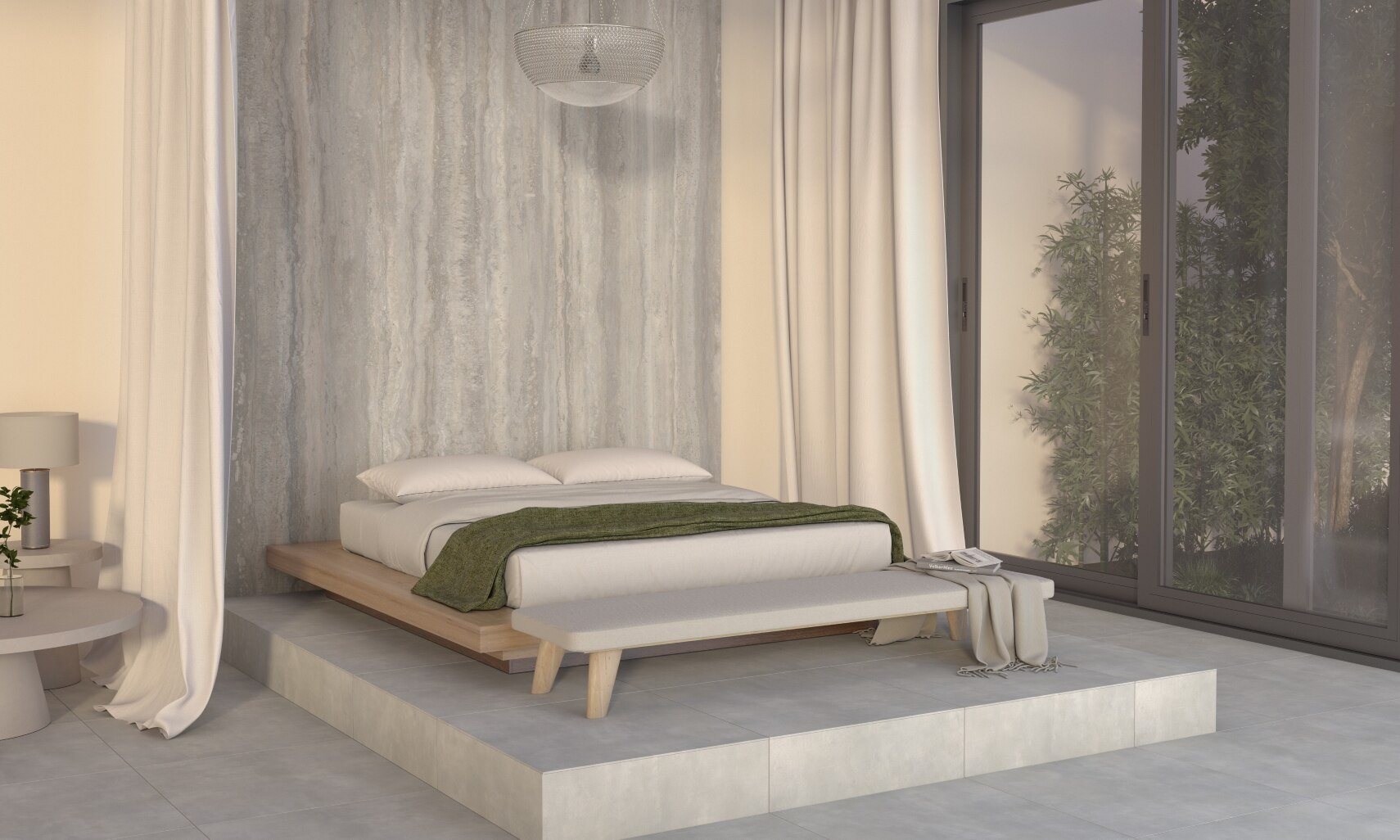 Bedroom with white canopy over a king-sized bed on gray stone look porcelain slab flooring and raised platform, and gray marble look porcelain slab headboard wall.