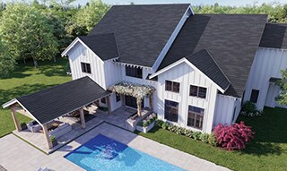 Aerial perspective of home with slate-look porcelain tile roofing.